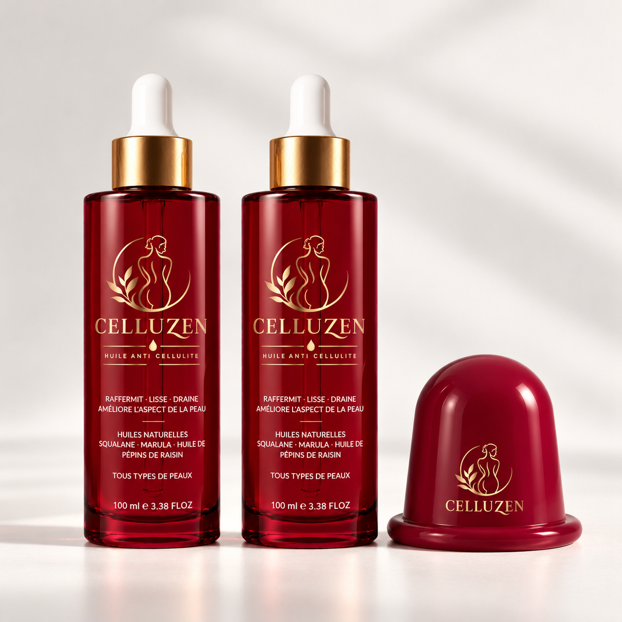 2 flacons d'huile CELLUZEN 100 ml et 1 ventouse de massage