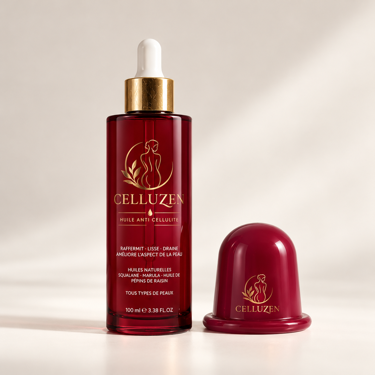 Flacon d'huile CELLUZEN 100 ml et ventouse de massage