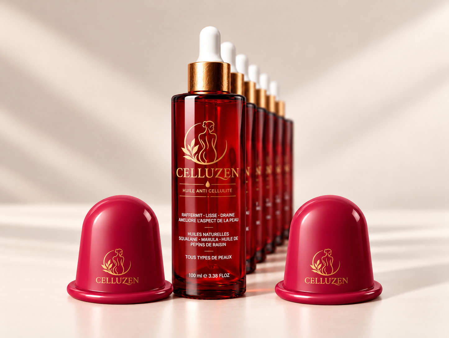 6 flacons d'huile CELLUZEN 100 ml et 2 ventouses de massage